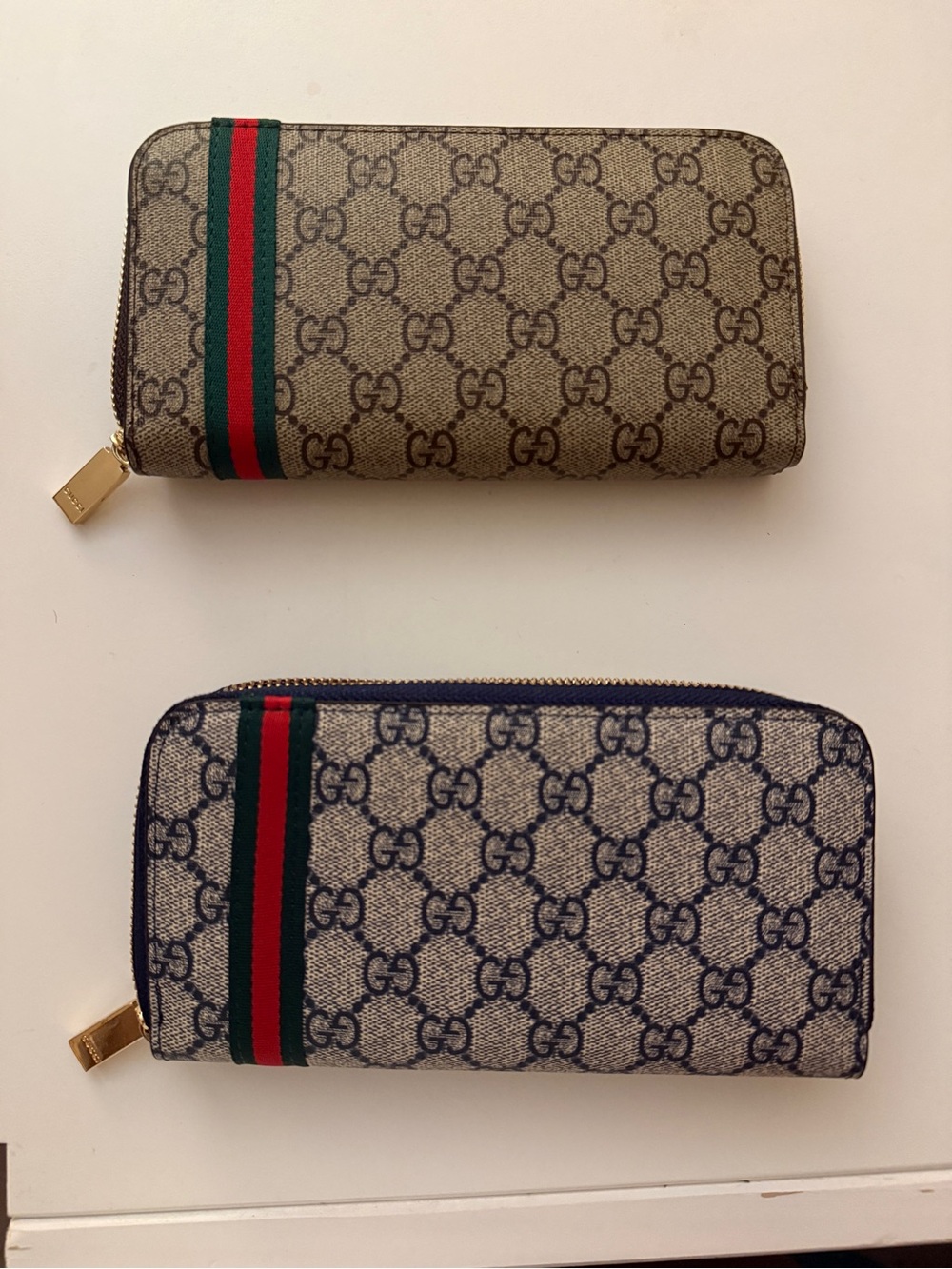 Gucci Double Monogram Zip Wallets in Beige/Brown and Blue with Green-Red Stripe